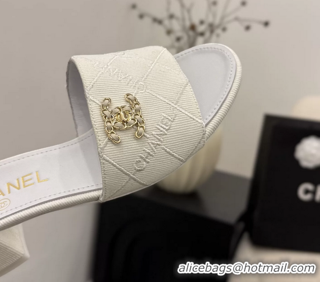 Best Chanel CC Logo White Fabric Heeled Slides Sandals 6051704