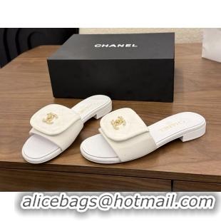 Buy Cheapest Chanel CC Logo White Fabric Flats Slides Sandals 6051704