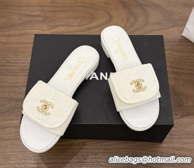 Buy Cheapest Chanel CC Logo White Fabric Flats Slides Sandals 6051704