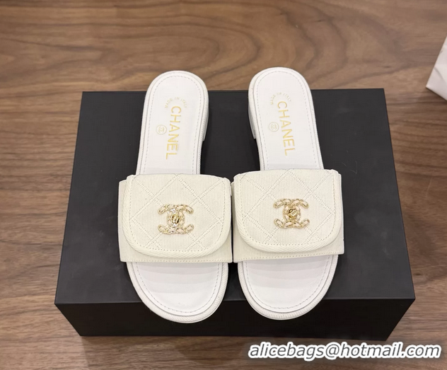 Buy Cheapest Chanel CC Logo White Fabric Flats Slides Sandals 6051704