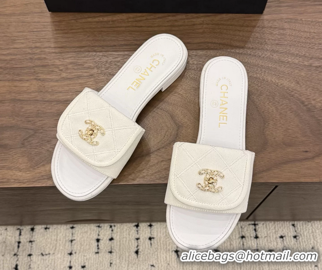 Buy Cheapest Chanel CC Logo White Fabric Flats Slides Sandals 6051704