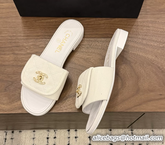 Buy Cheapest Chanel CC Logo White Fabric Flats Slides Sandals 6051704
