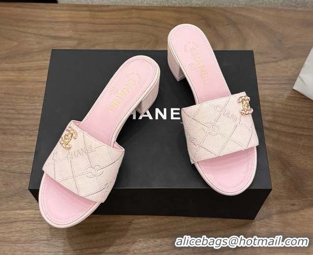 Youthful Chanel CC Logo Pink Fabric Heeled Slides Sandals 6051705
