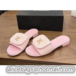 Discount Chanel CC Logo Pink Fabric Flats Slides Sandals 6051705