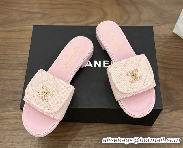 Discount Chanel CC Logo Pink Fabric Flats Slides Sandals 6051705