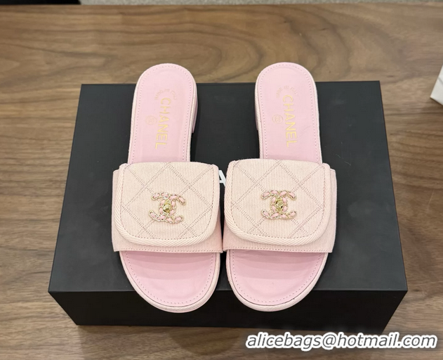 Discount Chanel CC Logo Pink Fabric Flats Slides Sandals 6051705