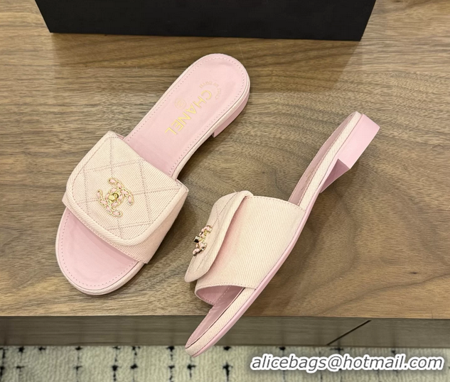 Discount Chanel CC Logo Pink Fabric Flats Slides Sandals 6051705