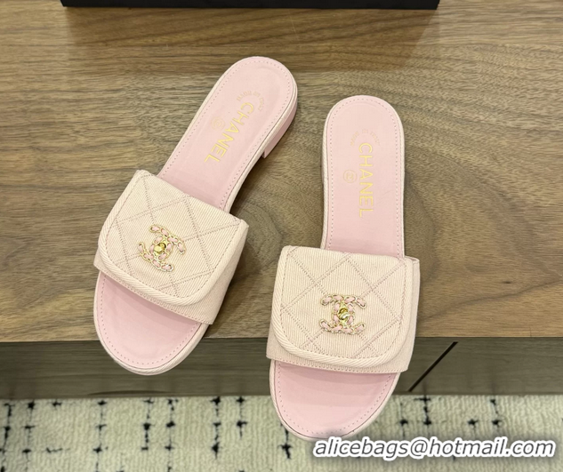 Discount Chanel CC Logo Pink Fabric Flats Slides Sandals 6051705