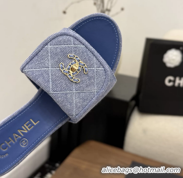 Stylish Chanel CC Logo Light Purple Fabric Heeled Slides Sandals 6051705