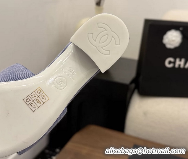 Stylish Chanel CC Logo Light Purple Fabric Heeled Slides Sandals 6051705