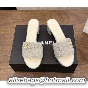 Comfortable Chanel CC Logo Gray Fabric Heeled Slides Sandals 6051706