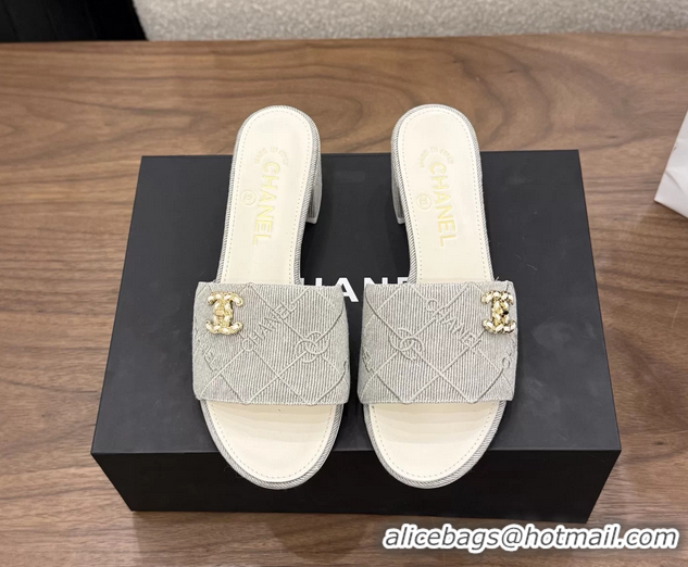 Comfortable Chanel CC Logo Gray Fabric Heeled Slides Sandals 6051706