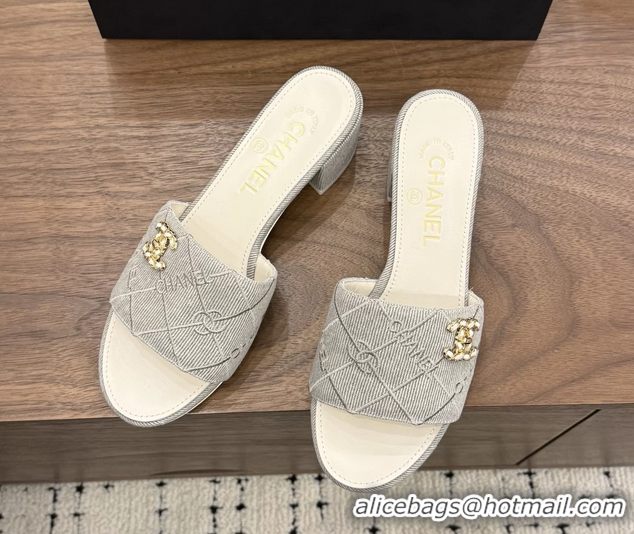 Comfortable Chanel CC Logo Gray Fabric Heeled Slides Sandals 6051706