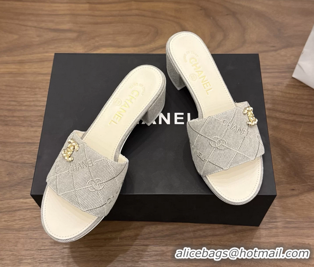 Comfortable Chanel CC Logo Gray Fabric Heeled Slides Sandals 6051706