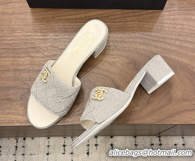 Comfortable Chanel CC Logo Gray Fabric Heeled Slides Sandals 6051706