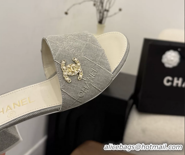 Comfortable Chanel CC Logo Gray Fabric Heeled Slides Sandals 6051706