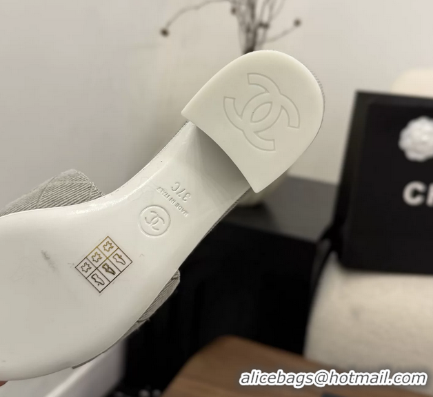Comfortable Chanel CC Logo Gray Fabric Heeled Slides Sandals 6051706