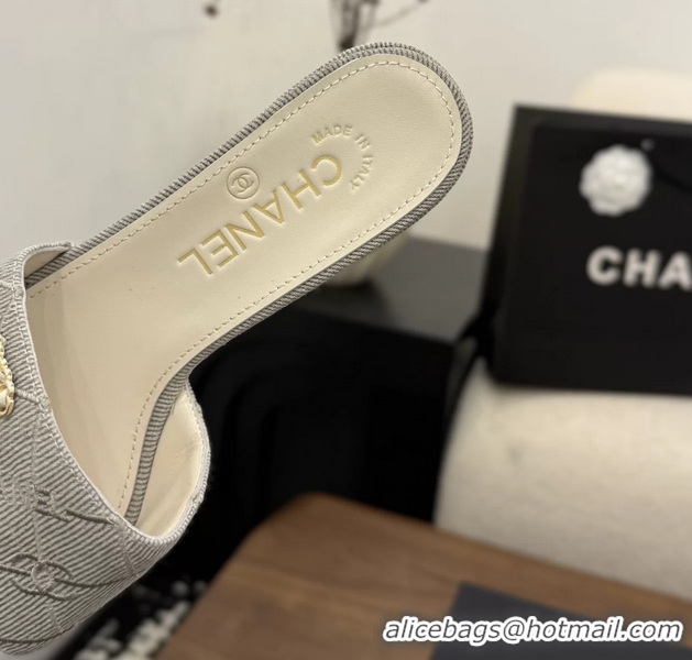 Comfortable Chanel CC Logo Gray Fabric Heeled Slides Sandals 6051706