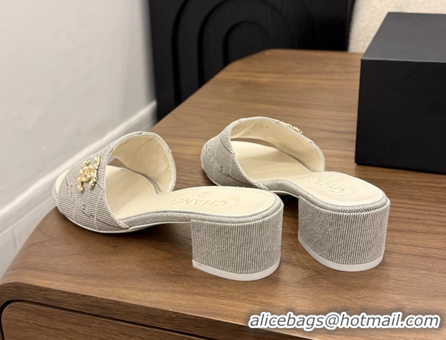 Comfortable Chanel CC Logo Gray Fabric Heeled Slides Sandals 6051706