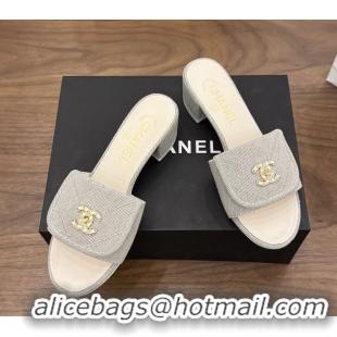 Lowest Cost Chanel CC Logo Gray Fabric Heeled Slides Sandals 6051706