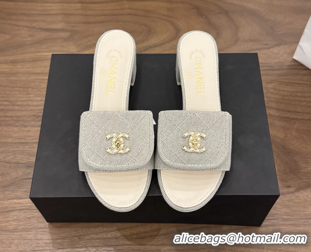 Lowest Cost Chanel CC Logo Gray Fabric Heeled Slides Sandals 6051706