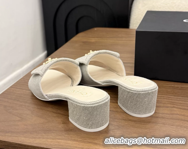 Lowest Cost Chanel CC Logo Gray Fabric Heeled Slides Sandals 6051706