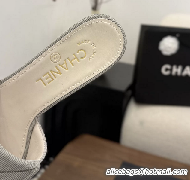 Lowest Cost Chanel CC Logo Gray Fabric Heeled Slides Sandals 6051706