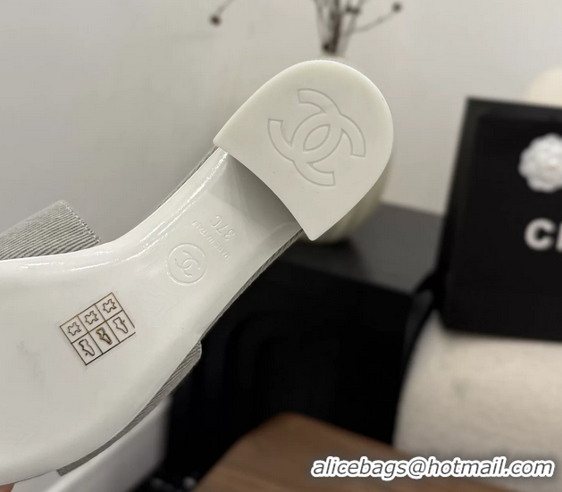 Lowest Cost Chanel CC Logo Gray Fabric Heeled Slides Sandals 6051706