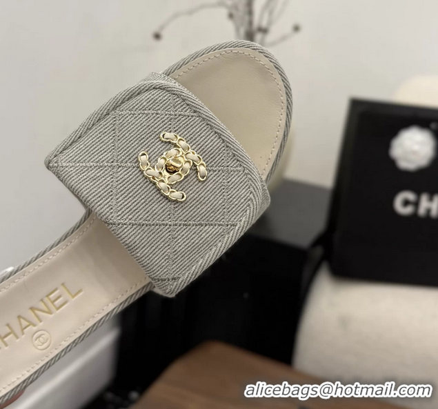 Lowest Cost Chanel CC Logo Gray Fabric Heeled Slides Sandals 6051706
