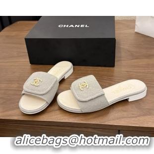Cheap Price Chanel CC Logo Gray Fabric Flats Slides Sandals 6051706