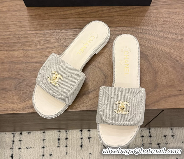Cheap Price Chanel CC Logo Gray Fabric Flats Slides Sandals 6051706