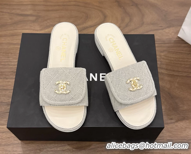Cheap Price Chanel CC Logo Gray Fabric Flats Slides Sandals 6051706