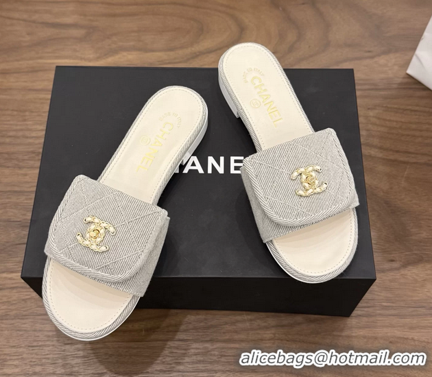 Cheap Price Chanel CC Logo Gray Fabric Flats Slides Sandals 6051706