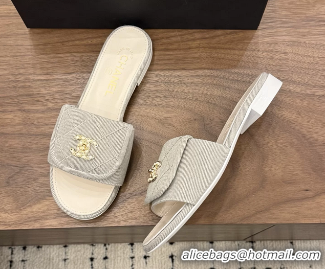 Cheap Price Chanel CC Logo Gray Fabric Flats Slides Sandals 6051706