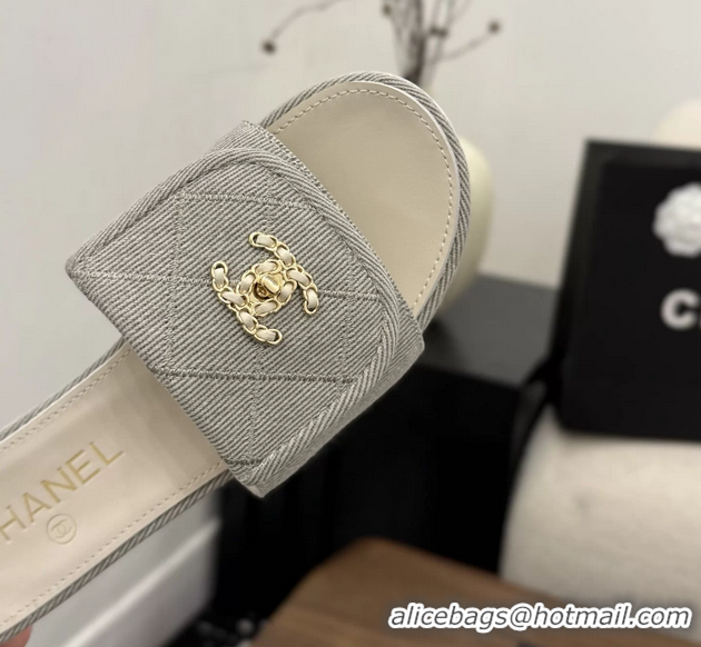 Cheap Price Chanel CC Logo Gray Fabric Flats Slides Sandals 6051706