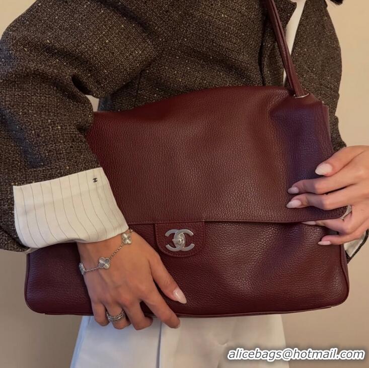Super Quality Chanel Maxi Flap Bag Grained Calfskin AS6233 Dark Burgundy/Silver