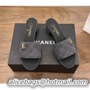 Leisure Chanel CC Logo Black Fabric Heeled Slides Sandals 6051801