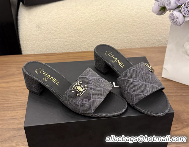 Leisure Chanel CC Logo Black Fabric Heeled Slides Sandals 6051801