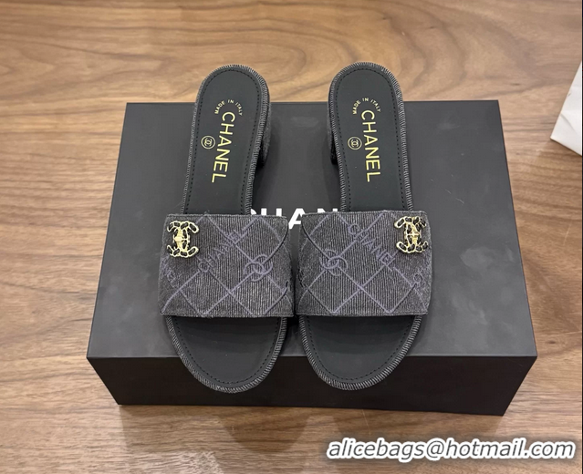 Leisure Chanel CC Logo Black Fabric Heeled Slides Sandals 6051801