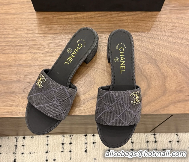 Leisure Chanel CC Logo Black Fabric Heeled Slides Sandals 6051801