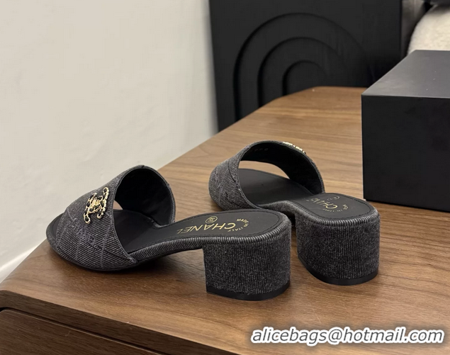 Leisure Chanel CC Logo Black Fabric Heeled Slides Sandals 6051801