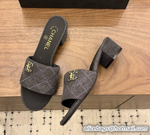 Leisure Chanel CC Logo Black Fabric Heeled Slides Sandals 6051801