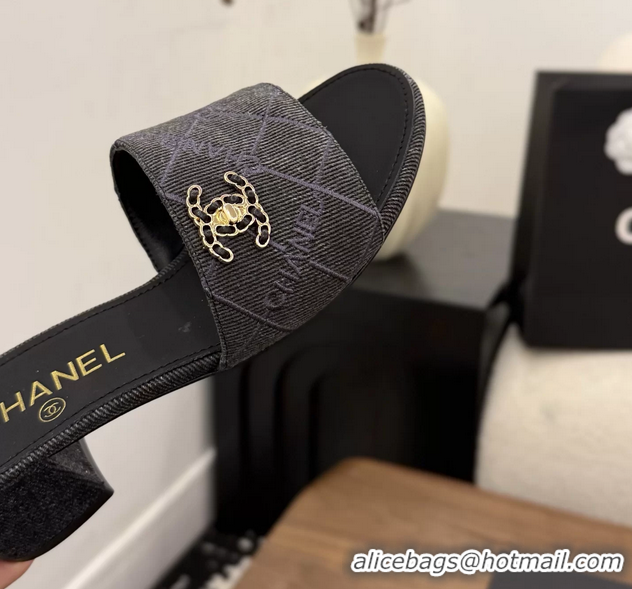 Leisure Chanel CC Logo Black Fabric Heeled Slides Sandals 6051801