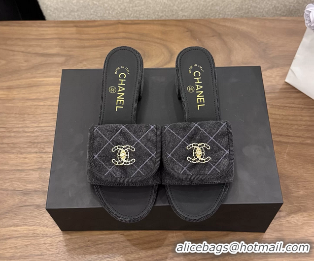 Trendy Design Chanel CC Logo Black Fabric Heeled Slides Sandals 6051801