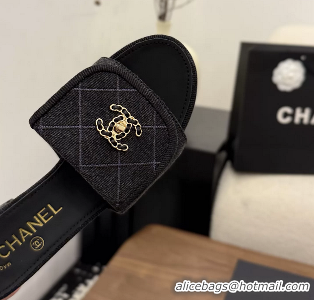 Trendy Design Chanel CC Logo Black Fabric Heeled Slides Sandals 6051801