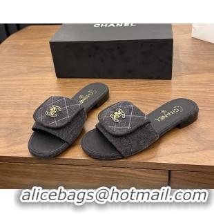 Discount Chanel CC Logo Black Fabric Flats Slides Sandals 6051801