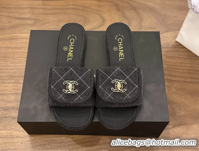 Discount Chanel CC Logo Black Fabric Flats Slides Sandals 6051801