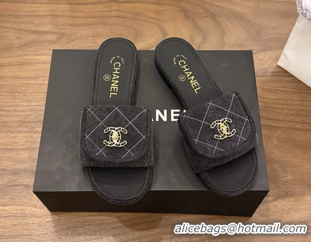 Discount Chanel CC Logo Black Fabric Flats Slides Sandals 6051801