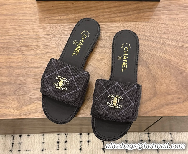 Discount Chanel CC Logo Black Fabric Flats Slides Sandals 6051801
