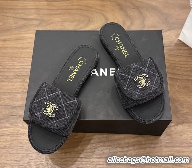 Discount Chanel CC Logo Black Fabric Flats Slides Sandals 6051801